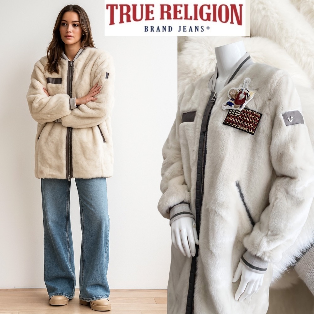 True Religion Off White Faux Fur Long Coat Parka Mobwife Streetwear Old Money S